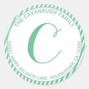 Adesivo Redondo Elegante Mint Silver Foil Stripe Monograma Endereç