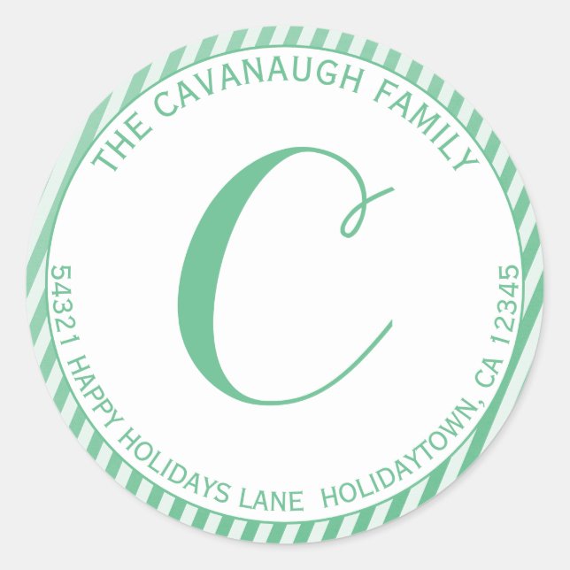 Adesivo Redondo Elegante Mint Silver Foil Stripe Monograma Endereç (Frente)