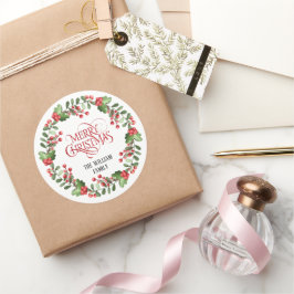 Adesivo Redondo Elegante Modern Wreath e Script Feliz Natal