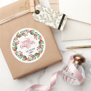 Adesivo Redondo Elegante Modern Wreath e Script Feliz Natal