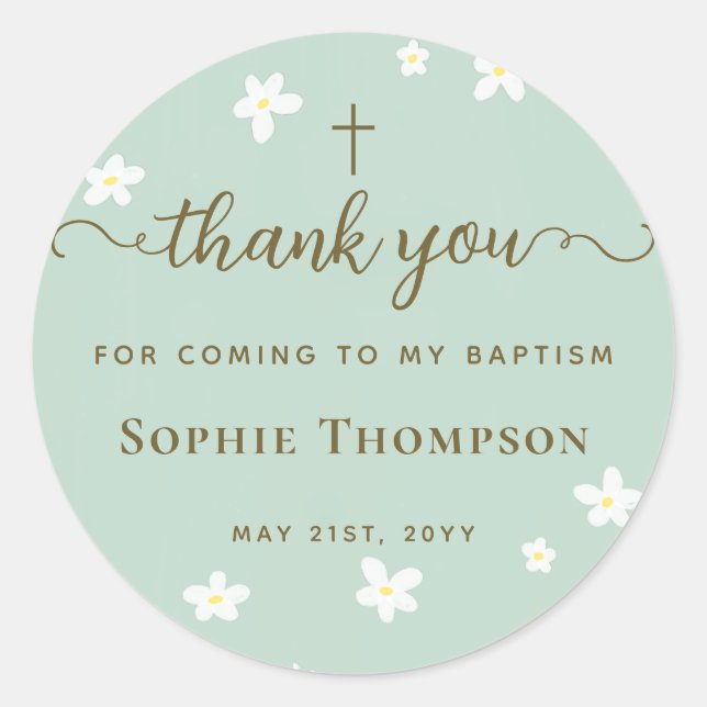 Adesivo Redondo Elegante moderna Daisy Verde Floral Obrigado (Frente)