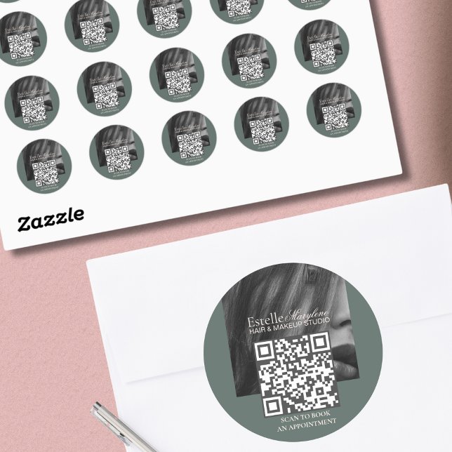 Adesivo Redondo Elegante moderno Green Brown Photo Hair Studio (Criador carregado)