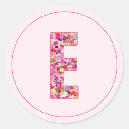 Adesivo Redondo Elegante Moderno Monograma Floral Rosa Letra E