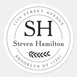 Adesivo Redondo Elegante Moderno Monograma Nome Folha Endereço de 