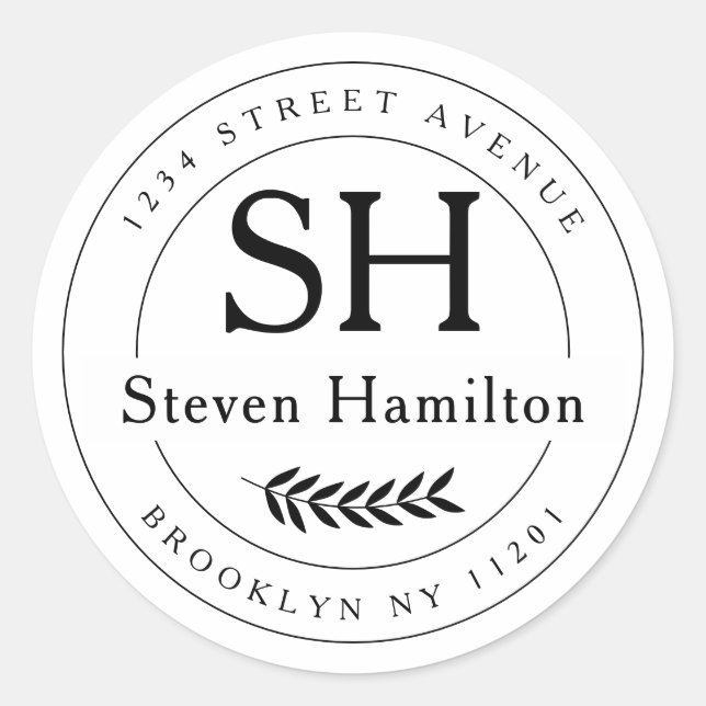 Adesivo Redondo Elegante Moderno Monograma Nome Folha Endereço de  (Frente)