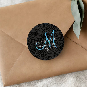 Adesivo Redondo Elegante Monograma Azul Preto Floral Endereço de D