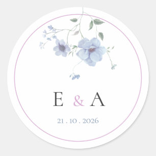 Adesivo Redondo Elegante Monograma Casamento Floral Rosa e Azul