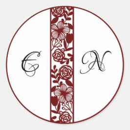 Adesivo Redondo Elegante Monograma com Vinhetas Redondas Maroon