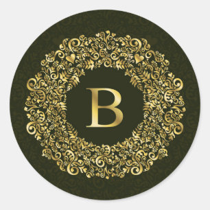 Adesivo Redondo Elegante Monograma Damasco Inicial B Verde Dourado