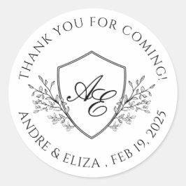 Adesivo Redondo Elegante Monograma de Crest Preto e Branco Obrigad