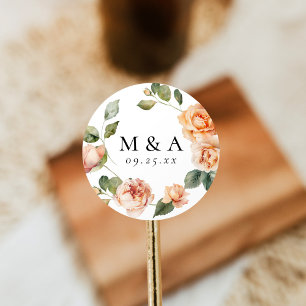 Adesivo Redondo Elegante Monograma de Rosa Pêssego para Casamento