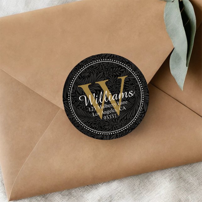 Adesivo Redondo Elegante Monograma Dourado Floral Endereço Preto (Criador carregado)