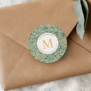 Adesivo Redondo Elegante Monograma Dourado Floral Verde Endereço d