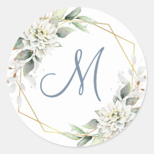 Adesivo Redondo Elegante Monograma Floral de Verde-azulado Pó