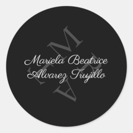 Adesivo Redondo Elegante Monograma Nome Cinza Preto