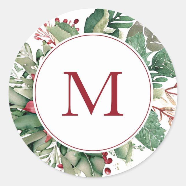 Adesivo Redondo Elegante Monograma Vermelho de Natal Floral Verde (Frente)