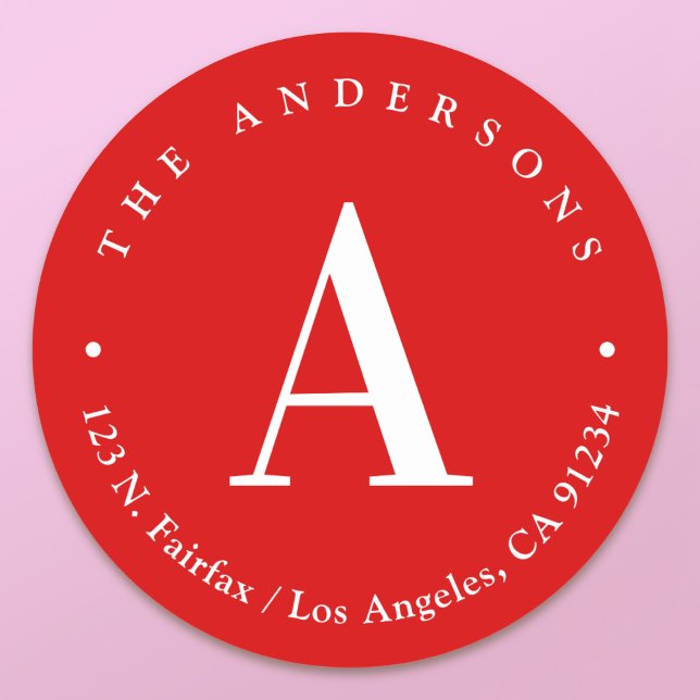 Adesivo Redondo Elegante Monograma Vermelho e Branco Endereço de D (Criador carregado)