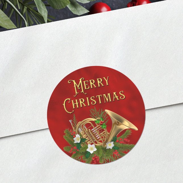 Adesivo Redondo Elegante Música de Natal Trompa Francesa Vermelha (Criador carregado)