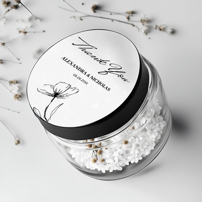 Adesivo Redondo Elegante Negro e Branco Obrigado Favor do Casament (Criador carregado)