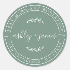 Adesivo Redondo Elegante Nomes Dusty Green Wedding Endereço de Dev
