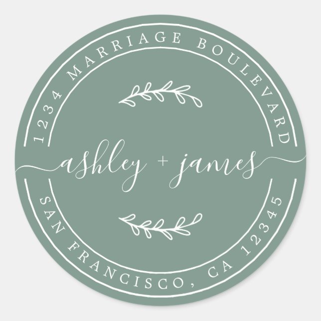 Adesivo Redondo Elegante Nomes Dusty Green Wedding Endereço de Dev (Frente)