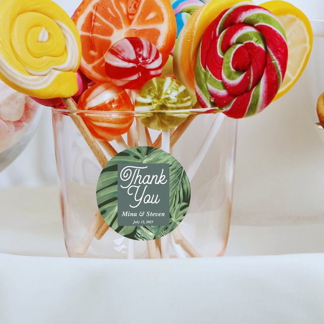 Adesivo Redondo Elegante obrigado botânico tropical verde que você (Criador carregado)