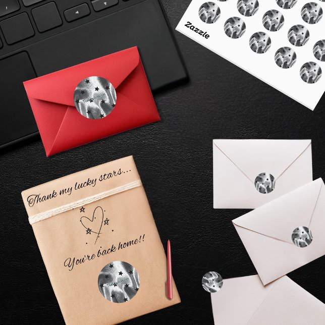 Adesivo Redondo Elegante "Obrigado minhas estrelas da sorte" Estre (Elegant "Thank my lucky stars" black star pattern on silver luxurious fabric-looking stickers)