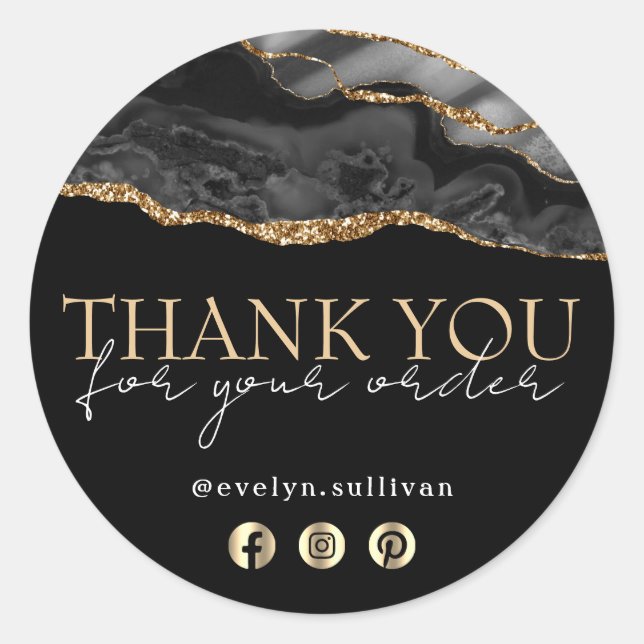 Adesivo Redondo Elegante obrigado preto de ouro agate você cola (Frente)