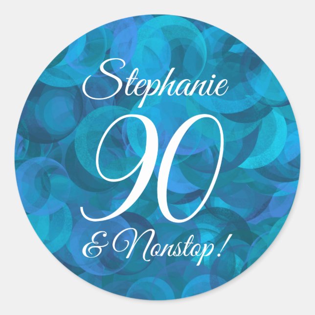 Adesivo Redondo Elegante Ocean Blue 90 e Aniversário Sem Parada (Frente)