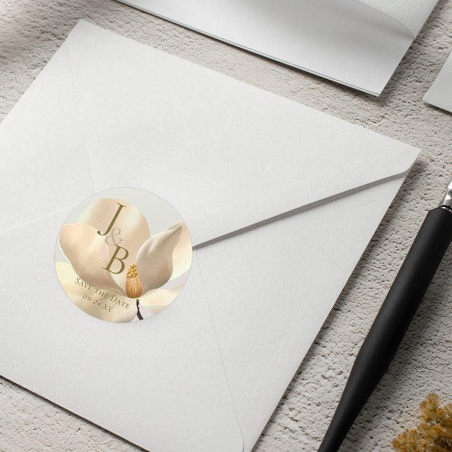 Adesivo Redondo Elegante Oriental Magnolia Branca Salve a Data (Elegant Oriental White Magnolia Save the Date Classic Round Sticker)