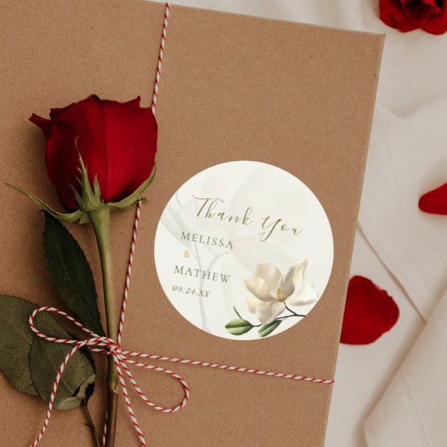 Adesivo Redondo Elegante Oriental White Magnolia, Favor do Casamen (Elegant Oriental White Magnolia Wedding Favor Classic Round Sticker)