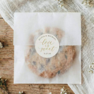Adesivo Redondo Elegante Ouro & Marfim O Amor é Doce Casamento
