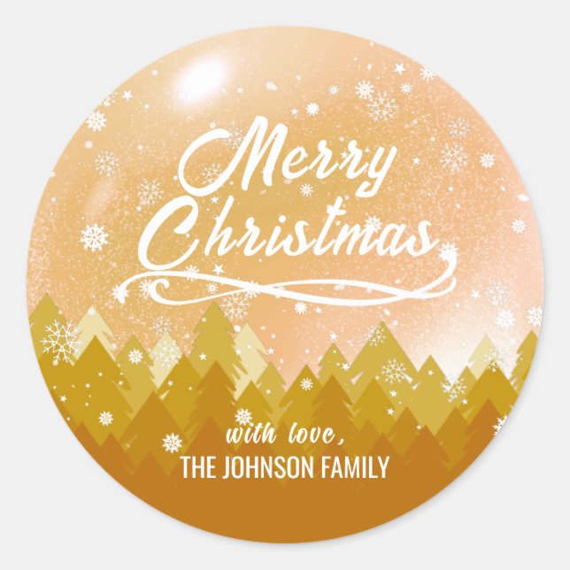 Adesivo Redondo Elegante Ouro Pacífico Neve Floresta Feliz Natal (Frente)