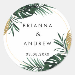 Adesivo Redondo Elegante, Palma Verde, Borda Dourada (Imitação)
