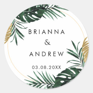 Adesivo Redondo Elegante, Palma Verde, Borda Dourada (Imitação)