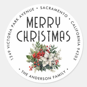 Adesivo Redondo Elegante Papel de Aguarela Feliz Natal Endereço de