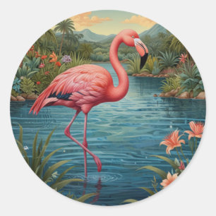 Adesivo Redondo Elegante paraíso tropical rosa flamingo