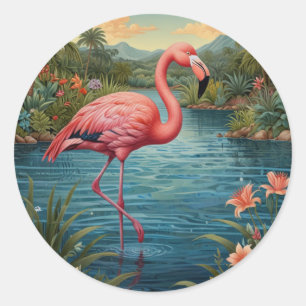 Adesivo Redondo Elegante paraíso tropical rosa flamingo