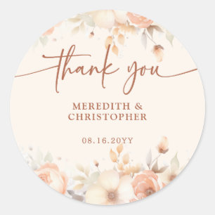 Adesivo Redondo Elegante Peach Floral Obrigado A Favor Do Casament