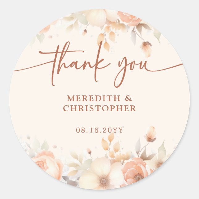 Adesivo Redondo Elegante Peach Floral Obrigado A Favor Do Casament (Frente)