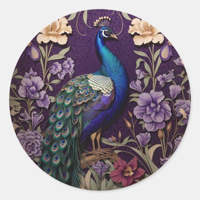 Adesivo Redondo Elegante Peacock Em Purple William Morris Inspirou (Frente)