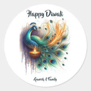 Adesivo Redondo Elegante Peacock watercolor Diwali