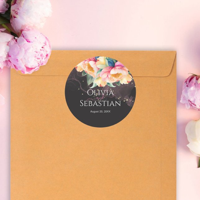 Adesivo Redondo Elegante Peony Watercolor em preto | Casamento (Criador carregado)