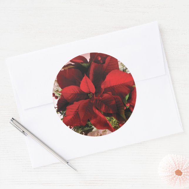 Adesivo Redondo Elegante Poinsettia de Natal Vermelho (Envelope)