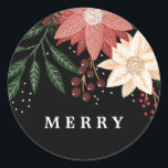 Adesivo Redondo Elegante Poinsettia Merry Christmas Watercolor<br><div class="desc">__________________________ ***este design faz parte de uma coleção de feriados de natal*** Entra num mundo de charme de férias de eterno com a minha coleção "Flora Festiva: Esplendor de Natal Poinsettia Delight". 🌸 Embarque a magia da estação com uma mistura cativante de flores, folhas verdes de pínus, amoras vermelhas, e...</div>