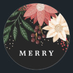 Adesivo Redondo Elegante Poinsettia Merry Christmas Watercolor<br><div class="desc">__________________________ ***este design faz parte de uma coleção de feriados de natal*** Entra num mundo de charme de férias de eterno com a minha coleção "Flora Festiva: Esplendor de Natal Poinsettia Delight". 🌸 Embarque a magia da estação com uma mistura cativante de flores, folhas verdes de pínus, amoras vermelhas, e...</div>