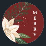 Adesivo Redondo Elegante Poinsettia Merry Christmas Watercolor<br><div class="desc">__________________________ ***este design faz parte de uma coleção de feriados de natal*** Entra num mundo de charme de férias de eterno com a minha coleção "Flora Festiva: Esplendor de Natal Poinsettia Delight". 🌸 Embarque a magia da estação com uma mistura cativante de flores, folhas verdes de pínus, amoras vermelhas, e...</div>