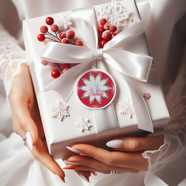 Adesivo Redondo Elegante Prateado Flocos de neve vermelhos (Criador carregado)