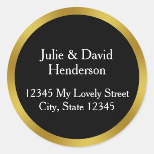 Adesivo Redondo Elegante preto branco e Dourado endereço de devolu