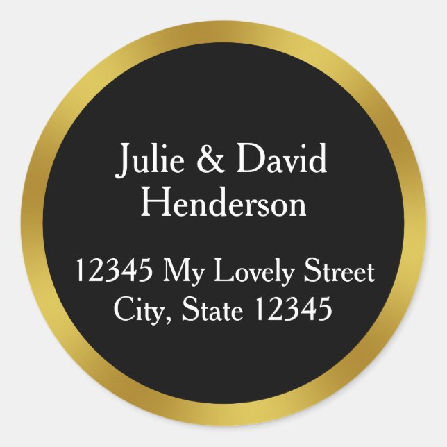 Adesivo Redondo Elegante preto branco e Dourado endereço de devolu (Frente)